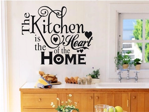 Modern Kitchen is the Heart of the Home wall decal with black hearts on white wall