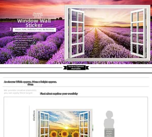 Detailed 3D window wall sticker showing 90x60cm lavender fields and eco-friendly material