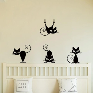 Set of four cartoon black cat wall stickers for bedroom and living room decor