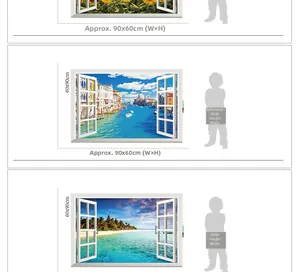 Three 3D window view wall stickers showing sunflower fields and tropical beach scenes