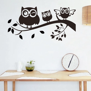 Minimalist black cartoon owl wall stickers on a branch for bedroom home decoration