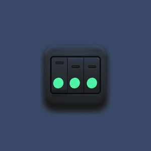 Three-gang smart rocker switch panel in dark grey matte with green LED indicator lights