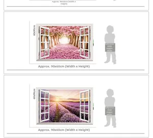 Detail of 3D fake window wall stickers showing cherry blossom and lavender field designs
