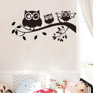 Black owl wall stickers with three owls on a branch for kids bedroom wall decor