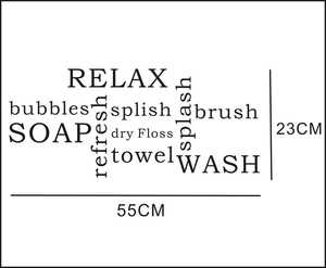 Detail specifications of Relax and Wash bathroom wall sticker measuring 55cm by 23cm