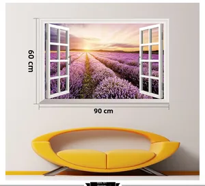 3D faux window wall sticker with lavender field landscape sunset view 90x60cm