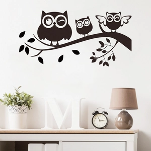 Black owl wall sticker with tree branch and green leaves for bedroom wall decor