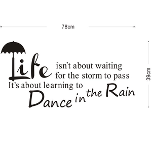 Dance in the Rain quote wall sticker with umbrella icon, 78x39cm black vinyl decal