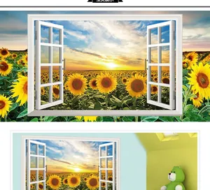 Detail of 3D faux window wall decal featuring a vibrant sunflower field landscape