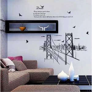 Golden Gate Bridge silhouette wall sticker with birds and dream quote for living room
