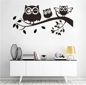 Three cute black owls sitting on a branch wall sticker decor for bedroom walls