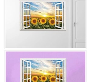 Detailed 3D wall sticker featuring a realistic window view of a sunflower sunset