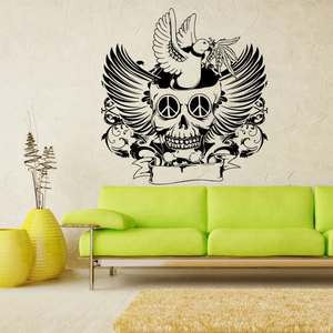 Sticker mural tête de mort avec ailes et colombe pour décoration de salon Halloween