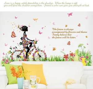 Flower girl on bicycle wall stickers for living room with butterfly decor