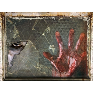Close-up of bloody handprint and eerie eye on broken window glass Halloween sticker