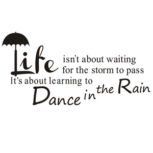 Detail of inspirational 'Dance in the Rain' wall decal with black umbrella graphic