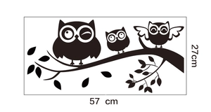 Detail of owl wall decal showing dimensions 57cm by 27cm for bedroom nursery decor