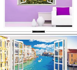 Detailed 3D window view wall stickers with sunflower fields and Venice canal scenery