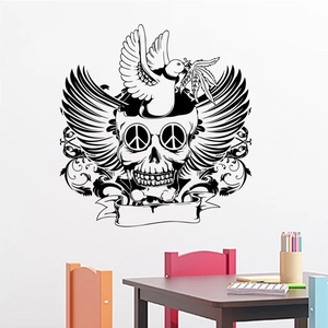 Sticker Mural Tête de Mort Gothique avec Ailes et Colombe de la Paix en PVC Imperméable pour Halloween Salon Décoration Noir