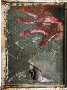Macro view of realistic eye and bloody handprint on broken glass Halloween wall decal