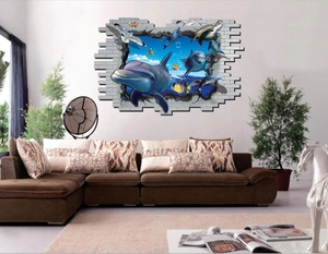 3D effect dolphin ocean wall sticker with broken wall design for living room decor