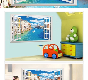 3D wall sticker window view showing Venice canal canal scenery with a white frame effect