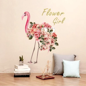 Artistic flamingo and pink rose wall sticker decor with Flower Girl script for home walls