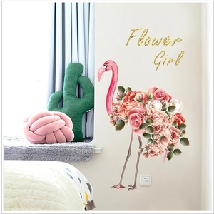 Pink flamingo wall sticker with roses and Flower Girl text for modern home decoration