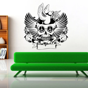 Sticker mural tête de mort avec ailes et symboles de paix pour décor d'Halloween