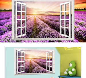 Detail of 3D lavender field faux window wall sticker with realistic sunset landscape view