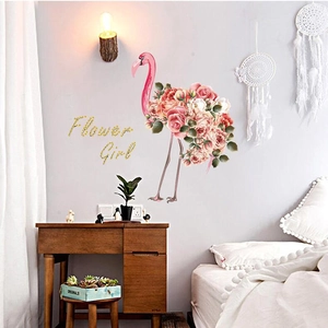 Romantic pink flamingo and rose flower girl PVC wall stickers for modern home bedroom decoration
