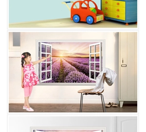 3D faux window wall sticker showing a sunset over lavender fields for room decor