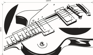 Detailed size chart showing a 100x57cm electric guitar wall decal in minimalist black style