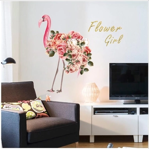 Pink flamingo wall sticker with rose flower pattern and Flower Girl text for home decor