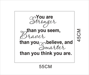 Detail showing 'You Are Stronger' wall decal dimensions at 55cm width and 45cm height