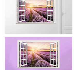 3D faux window wall sticker showing sunset lavender field view on a white frame