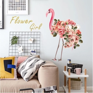 Flamingo Rose Flower Girl Wall Sticker PVC Waterproof Art Mural For Bedroom Living Room Wardrobe Cabinet Home Decor