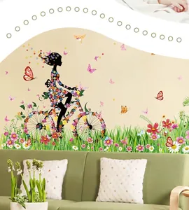 Romantic flower fairy riding a bicycle wall sticker for living room and bedroom decor