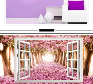Detail view of 3D faux window wall sticker featuring a lush pink cherry blossom forest path