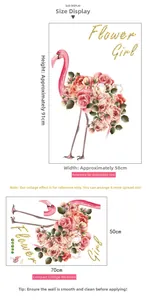 Detail view of flamingo wall sticker with layout dimensions and finished assembly effect