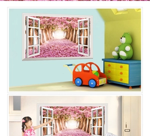 3D wall sticker with cherry blossom view through a realistic faux window frame
