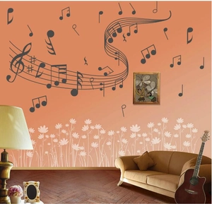 Creative music notes and staff PVC wall sticker set with floral elements for home decor