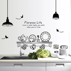 PVC Waterproof Kitchen Wall Sticker Black Chandelier Tableware Pattern Removable Wall Decal For Restaurant Dining Room Decor