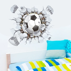 3D football breaking through wall sticker for sports themed bedroom wall decoration