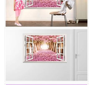 Detail of 3D window wall sticker featuring a blooming cherry blossom path landscape