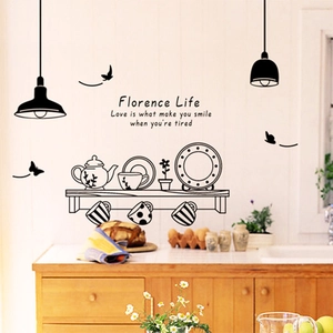 Minimalist black kitchen wall sticker featuring tableware and Florence Life quotes