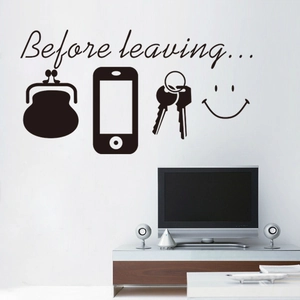 Minimalist 'Before leaving' wall sticker with phone and keys icons for living room