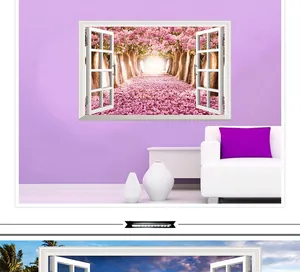 Detailed 3D wall stickers featuring cherry blossoms and beach landscapes in window frames
