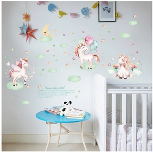 Stickers Muraux Licorne Rose Enfants Déco Chambre Arc-En-Ciel Lune Étoiles Monde Des Contes De Fées Imperméable PVC