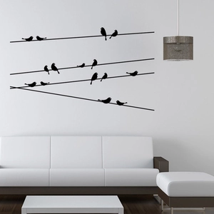 Minimalist black bird silhouette wall sticker on utility line for living room decor